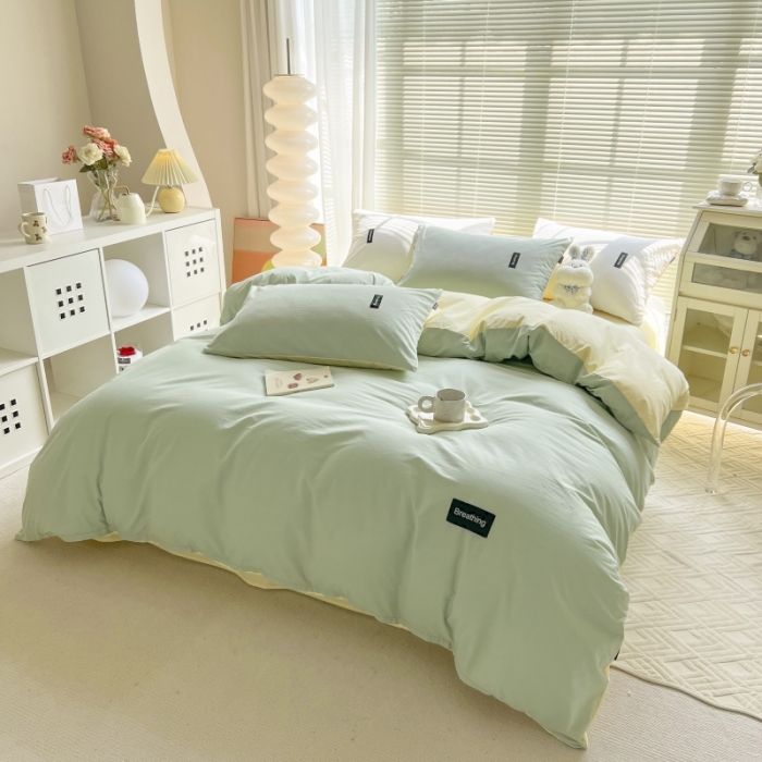 91家纺网 家纺一手货源 找家纺 绵庭家纺 2023新款全棉水洗棉拼色四件套 水绿+奶油黄