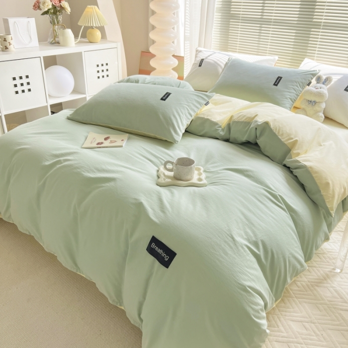 91家纺网 家纺一手货源 找家纺 绵庭家纺 2023新款全棉水洗棉拼色四件套 水绿+奶油黄