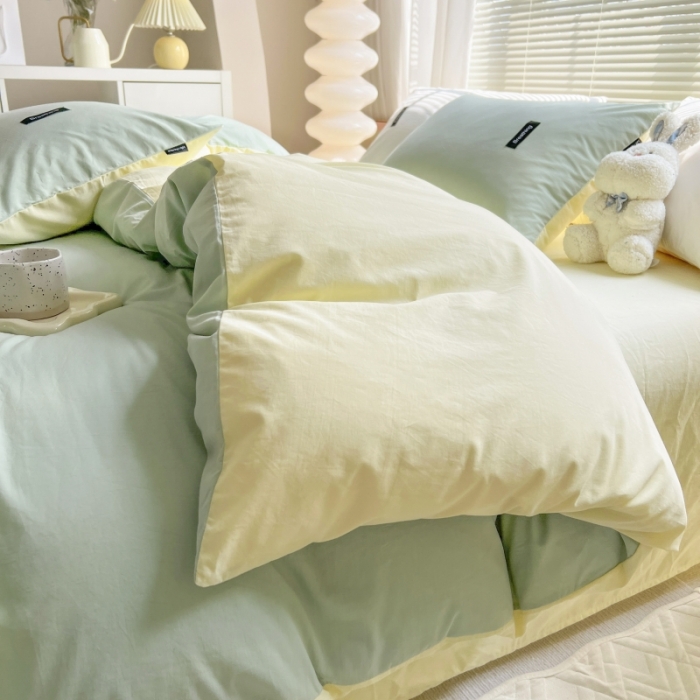 91家纺网 家纺一手货源 找家纺 绵庭家纺 2023新款全棉水洗棉拼色四件套 水绿+奶油黄
