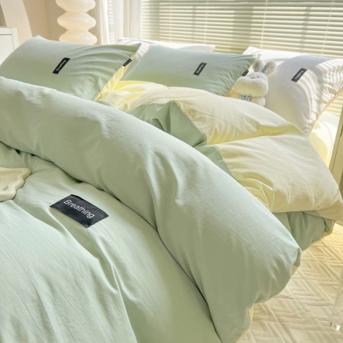 91家纺网 家纺一手货源 找家纺 绵庭家纺 2023新款全棉水洗棉拼色四件套 水绿+奶油黄