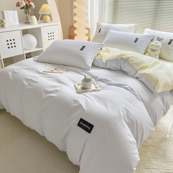 91家纺网 家纺一手货源 找家纺 绵庭家纺 2023新款全棉水洗棉拼色四件套 天蓝+奶油黄