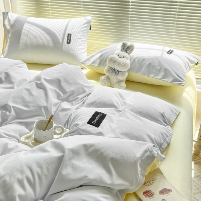 91家纺网 家纺一手货源 找家纺 绵庭家纺 2023新款全棉水洗棉拼色四件套 天蓝+奶油黄