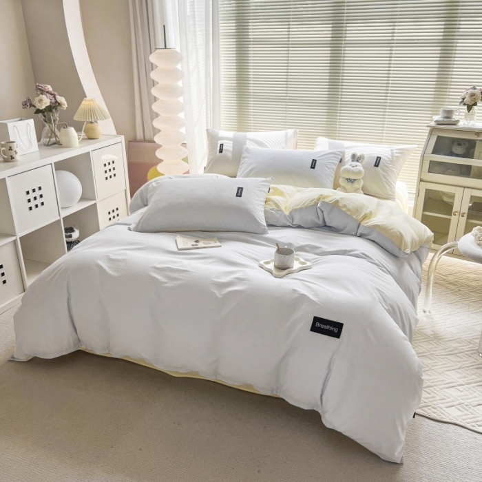 91家纺网 家纺一手货源 找家纺 绵庭家纺 2023新款全棉水洗棉拼色四件套 天蓝+奶油黄