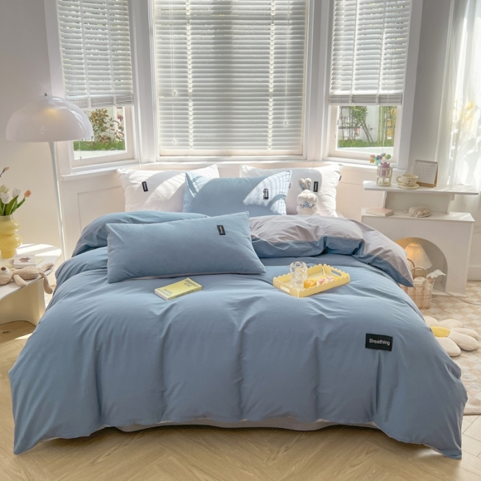 91家纺网 家纺一手货源 找家纺 绵庭家纺 2023新款全棉水洗棉拼色四件套 幸运蓝+绅士灰