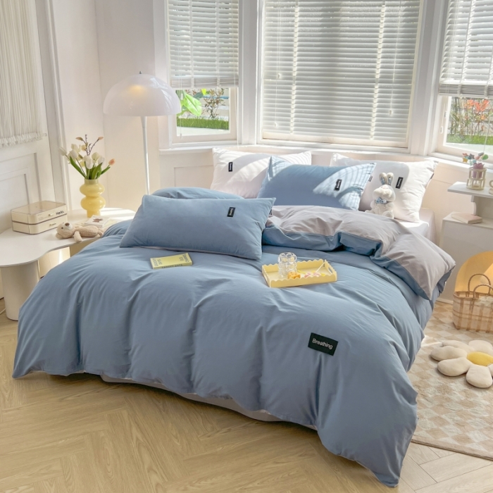 91家纺网 家纺一手货源 找家纺 绵庭家纺 2023新款全棉水洗棉拼色四件套 幸运蓝+绅士灰