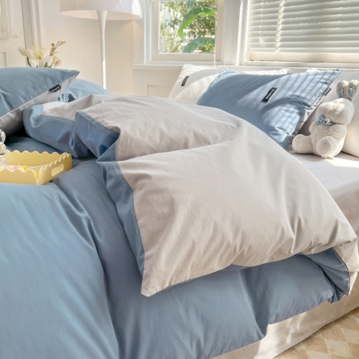 91家纺网 家纺一手货源 找家纺 绵庭家纺 2023新款全棉水洗棉拼色四件套 幸运蓝+绅士灰