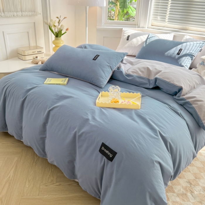 91家纺网 家纺一手货源 找家纺 绵庭家纺 2023新款全棉水洗棉拼色四件套 幸运蓝+绅士灰