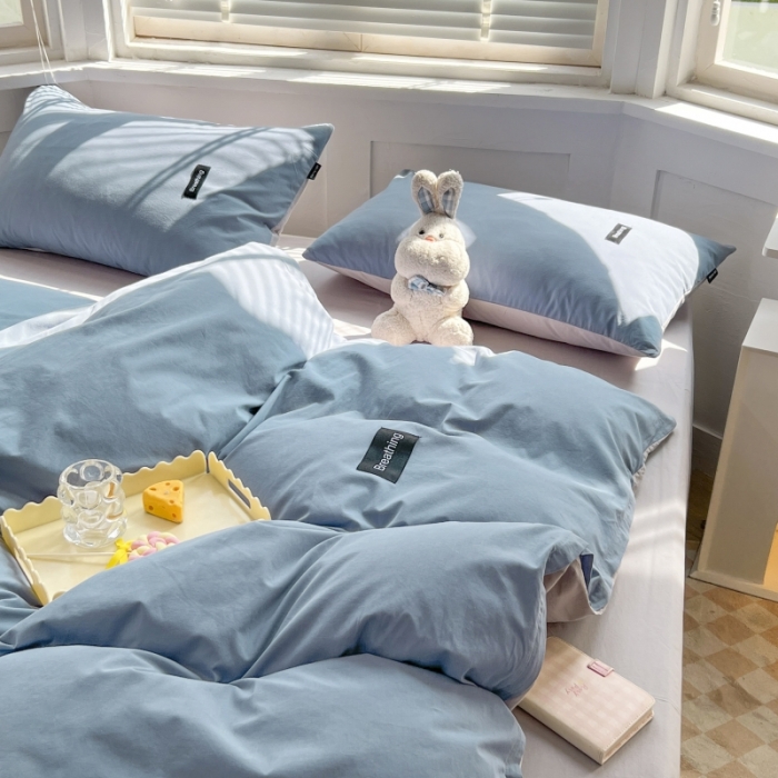 91家纺网 家纺一手货源 找家纺 绵庭家纺 2023新款全棉水洗棉拼色四件套 幸运蓝+绅士灰