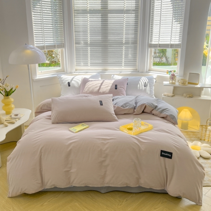 91家纺网 家纺一手货源 找家纺 绵庭家纺 2023新款全棉水洗棉拼色四件套 烟粉+绅士灰