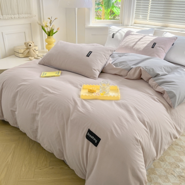 91家纺网 家纺一手货源 找家纺 绵庭家纺 2023新款全棉水洗棉拼色四件套 烟粉+绅士灰