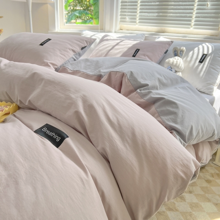 91家纺网 家纺一手货源 找家纺 绵庭家纺 2023新款全棉水洗棉拼色四件套 烟粉+绅士灰