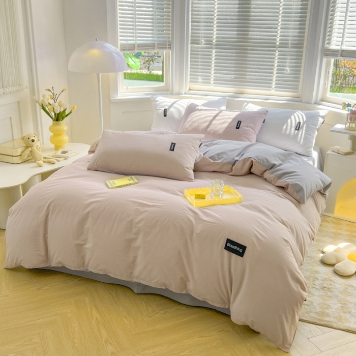 91家纺网 家纺一手货源 找家纺 绵庭家纺 2023新款全棉水洗棉拼色四件套 烟粉+绅士灰