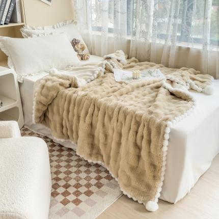 潮邦创意家居 泡泡绒兔绒暖阳绒球毛毯子盖毯睡毯 球兔-卡其