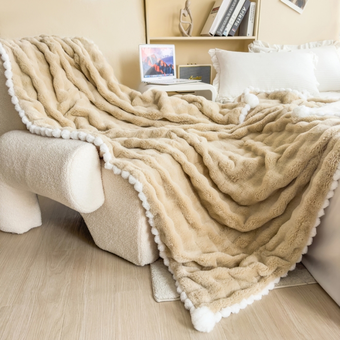 91家纺网 家纺一手货源 找家纺 潮邦创意家居 泡泡绒兔绒暖阳绒球毛毯子盖毯睡毯 球兔-卡其