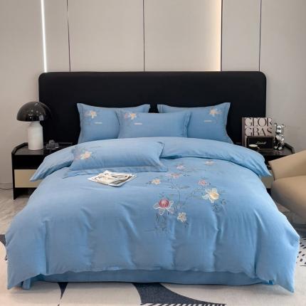 云锦2023秋冬新品全棉磨毛绣花四件套缦芯 缦芯蓝