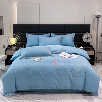 云锦2023秋冬新品全棉磨毛绣花四件套-漫野花香 漫野花香蓝