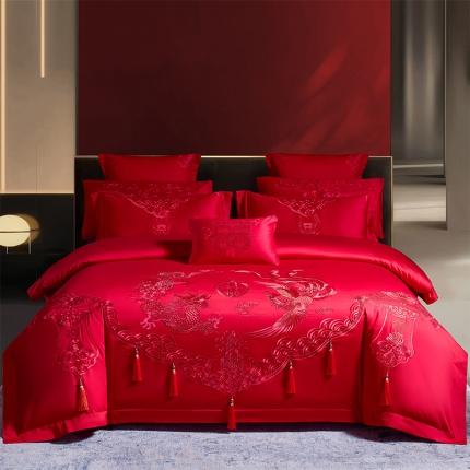 91家纺网 家纺一手货源 找家纺 博之洋婚庆 新款全棉绣花婚庆四件套 龙凤贺彩-红