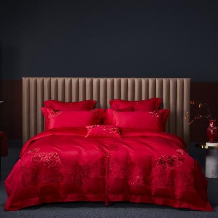 91家纺网 家纺一手货源 找家纺 高大尚 2023新款40s全工艺喷气纯棉系列四件套 吉祥富贵红