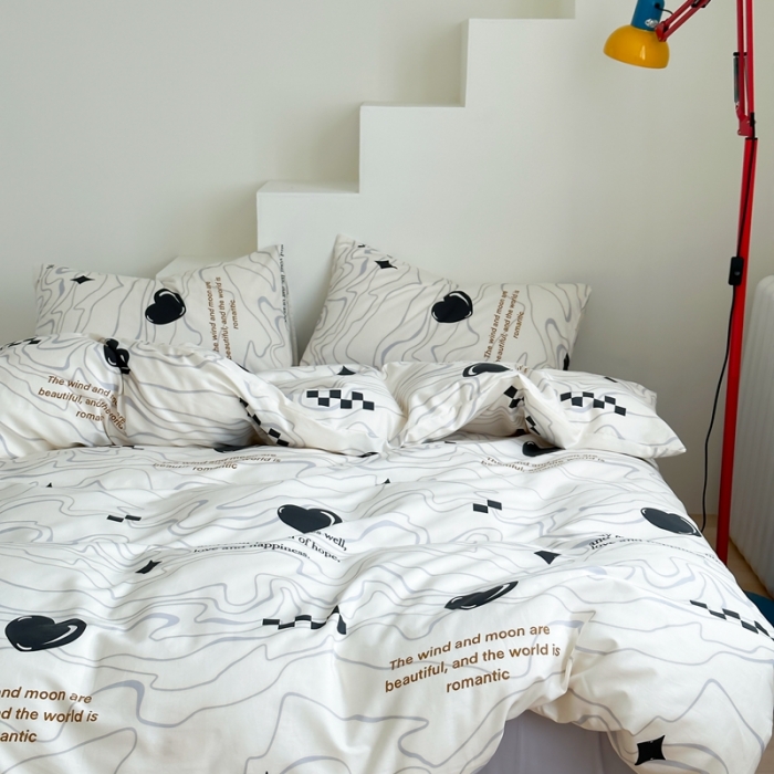 91家纺网 家纺一手货源 找家纺 昔可家纺 2023新款北欧风全棉四件套 几何爱心