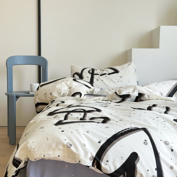 91家纺网 家纺一手货源 找家纺 昔可家纺 2023新款北欧风全棉四件套 泼墨爱心黑