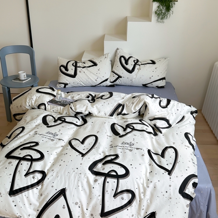 91家纺网 家纺一手货源 找家纺 昔可家纺 2023新款北欧风全棉四件套 泼墨爱心黑