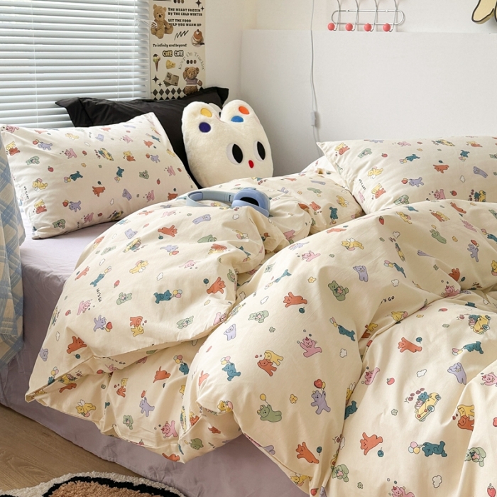 91家纺网 家纺一手货源 找家纺 昔可 2023新款学生季卡通普通款四件套 彩色气球熊