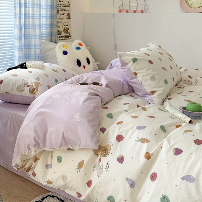 91家纺网 家纺一手货源 找家纺 昔可 2023新款学生季卡通普通款四件套 蔬菜小兔