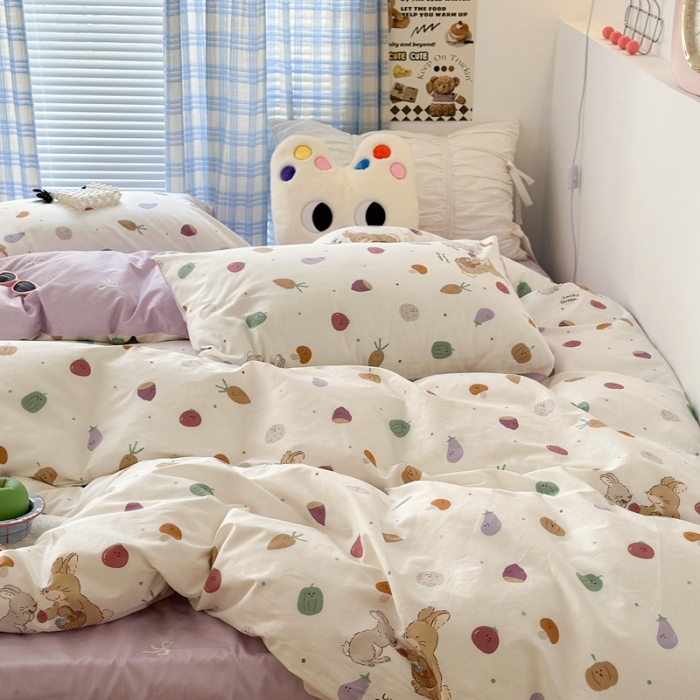 91家纺网 家纺一手货源 找家纺 昔可 2023新款学生季卡通普通款四件套 蔬菜小兔