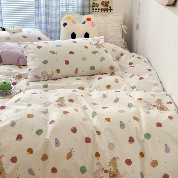 91家纺网 家纺一手货源 找家纺 昔可 2023新款学生季卡通普通款四件套 蔬菜小兔