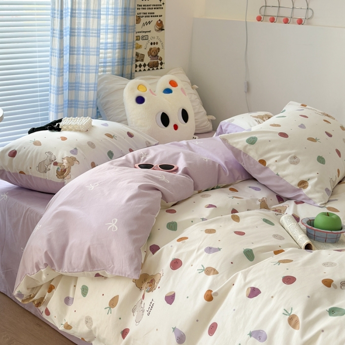 91家纺网 家纺一手货源 找家纺 昔可 2023新款学生季卡通普通款四件套 蔬菜小兔