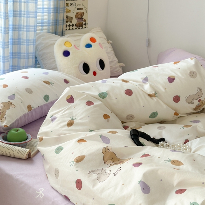 91家纺网 家纺一手货源 找家纺 昔可 2023新款学生季卡通普通款四件套 蔬菜小兔