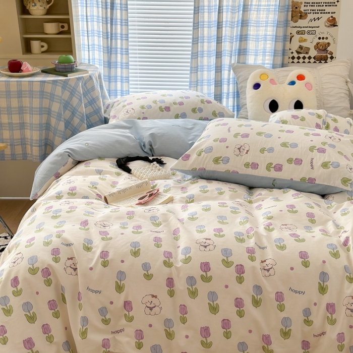 91家纺网 家纺一手货源 找家纺 昔可 2023新款学生季卡通普通款四件套 郁金香小萌狗