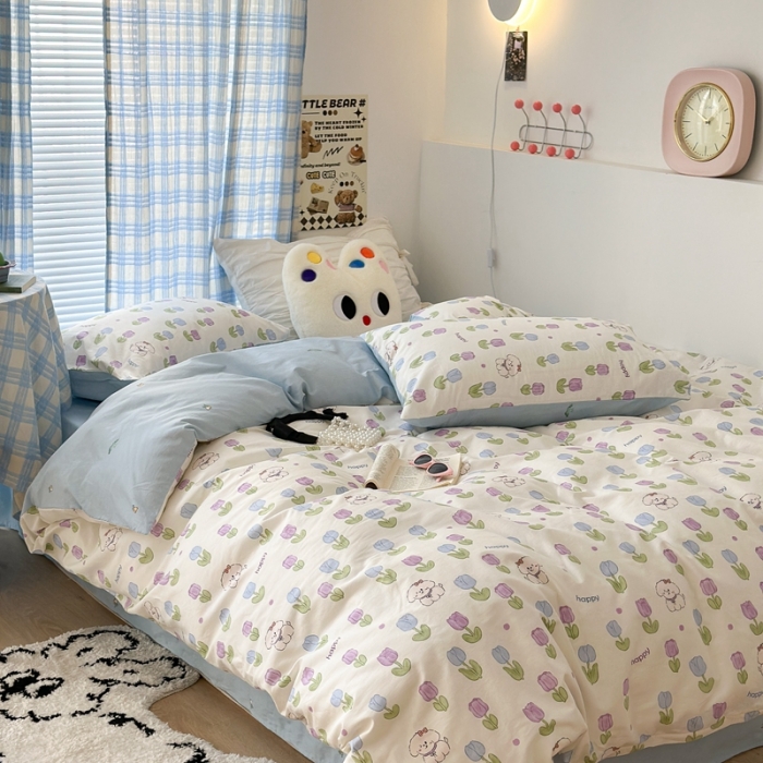 91家纺网 家纺一手货源 找家纺 昔可 2023新款学生季卡通普通款四件套 郁金香小萌狗