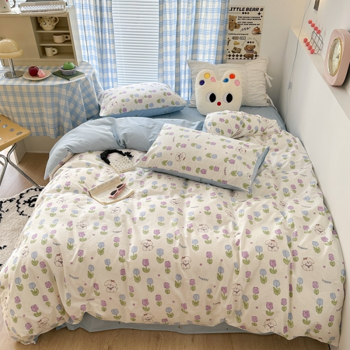 91家纺网 家纺一手货源 找家纺 昔可 2023新款学生季卡通普通款四件套 郁金香小萌狗