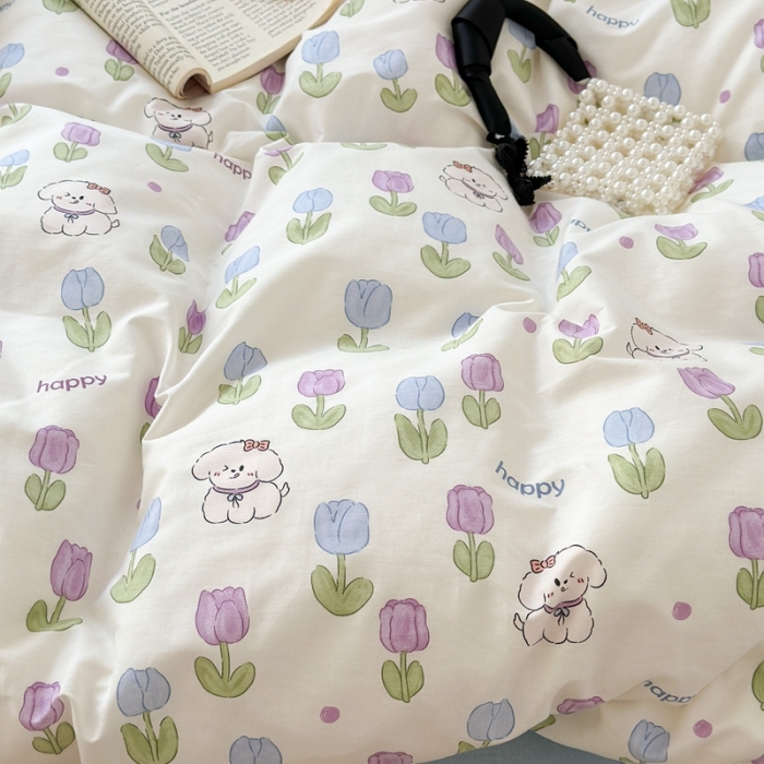 91家纺网 家纺一手货源 找家纺 昔可 2023新款学生季卡通普通款四件套 郁金香小萌狗