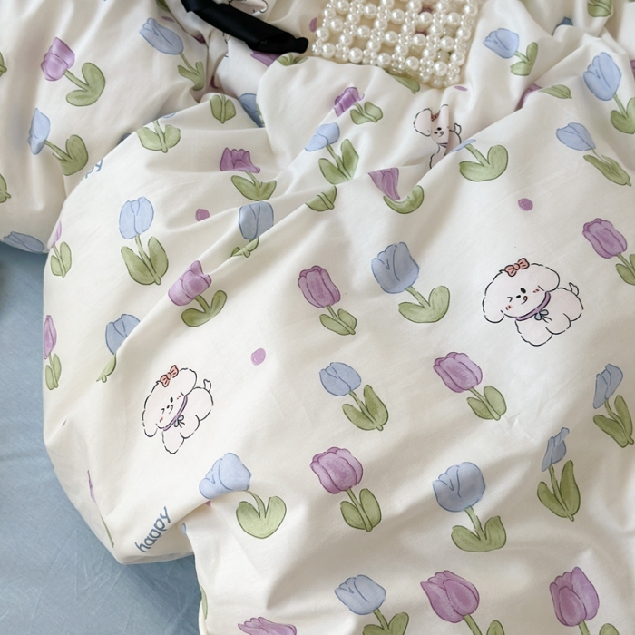 91家纺网 家纺一手货源 找家纺 昔可 2023新款学生季卡通普通款四件套 郁金香小萌狗