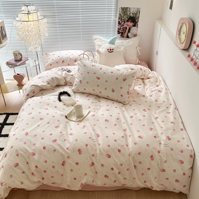 91家纺网 家纺一手货源 找家纺 昔可 2023新款学生季全棉四件套-小花系列 少女粉草莓