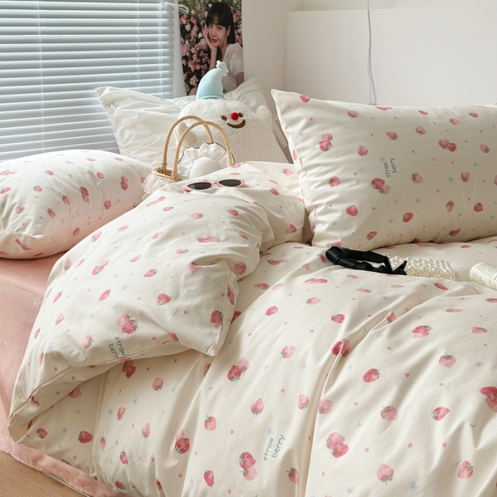 91家纺网 家纺一手货源 找家纺 昔可 2023新款学生季全棉四件套-小花系列 少女粉草莓