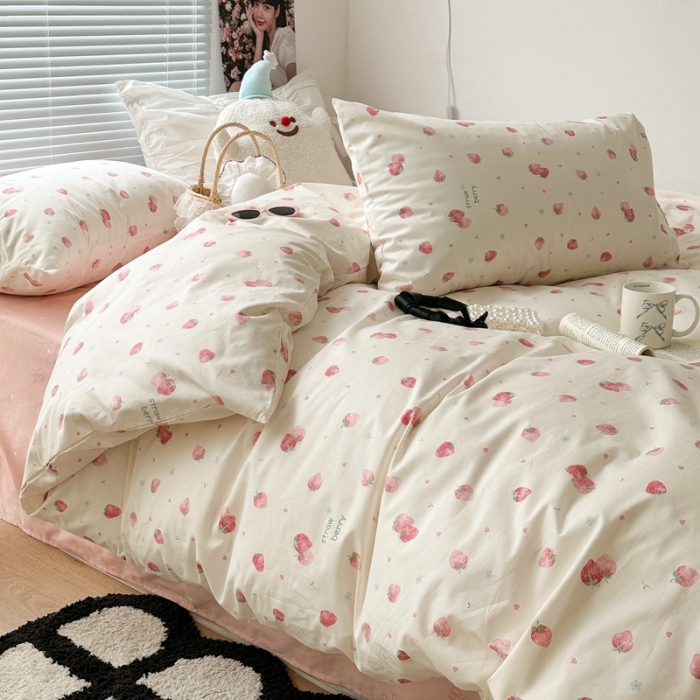 91家纺网 家纺一手货源 找家纺 昔可 2023新款学生季全棉四件套-小花系列 少女粉草莓