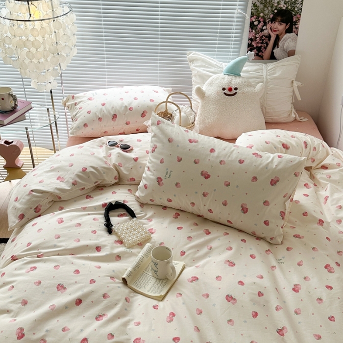 91家纺网 家纺一手货源 找家纺 昔可 2023新款学生季全棉四件套-小花系列 少女粉草莓