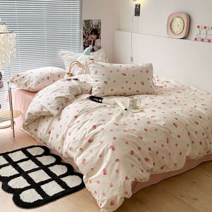 91家纺网 家纺一手货源 找家纺 昔可 2023新款学生季全棉四件套-小花系列 少女粉草莓