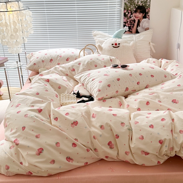 91家纺网 家纺一手货源 找家纺 昔可 2023新款学生季全棉四件套-小花系列 少女粉草莓