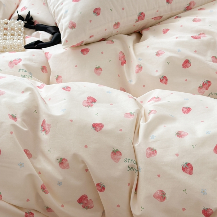 91家纺网 家纺一手货源 找家纺 昔可 2023新款学生季全棉四件套-小花系列 少女粉草莓