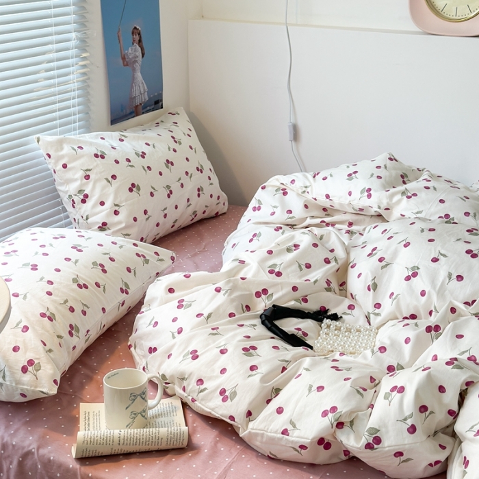 91家纺网 家纺一手货源 找家纺 昔可 2023新款学生季全棉四件套-小花系列 小小的樱桃