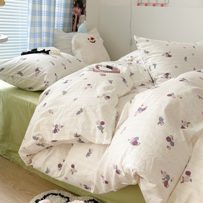 91家纺网 家纺一手货源 找家纺 昔可 2023新款学生季全棉四件套-小花系列 紫色果果