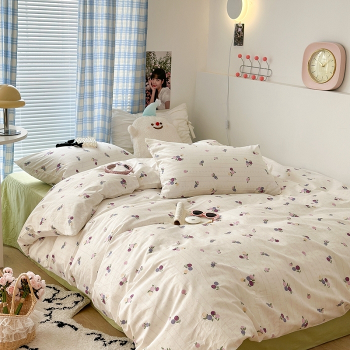 91家纺网 家纺一手货源 找家纺 昔可 2023新款学生季全棉四件套-小花系列 紫色果果