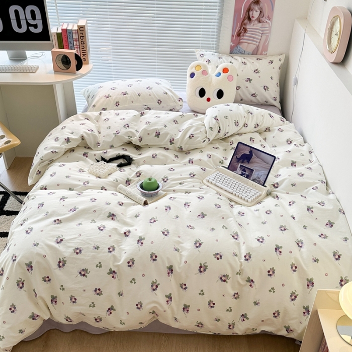 91家纺网 家纺一手货源 找家纺 昔可 2023新款学生季全棉四件套-小花系列 紫色葡萄