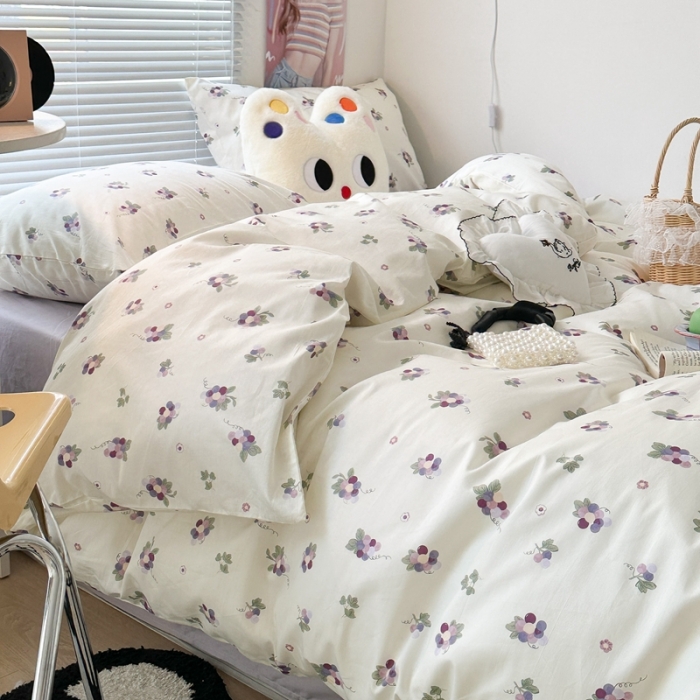 91家纺网 家纺一手货源 找家纺 昔可 2023新款学生季全棉四件套-小花系列 紫色葡萄