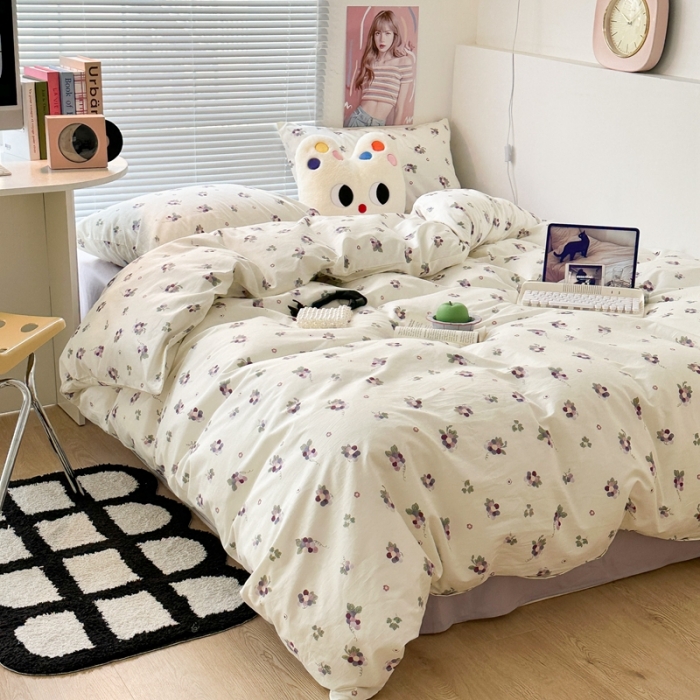 91家纺网 家纺一手货源 找家纺 昔可 2023新款学生季全棉四件套-小花系列 紫色葡萄