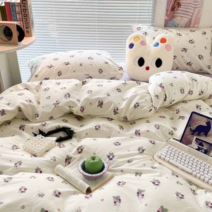 91家纺网 家纺一手货源 找家纺 昔可 2023新款学生季全棉四件套-小花系列 紫色葡萄